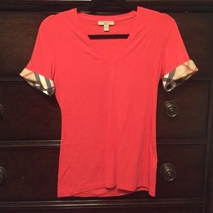 Burberry Vneck Tee with Check Sleeves