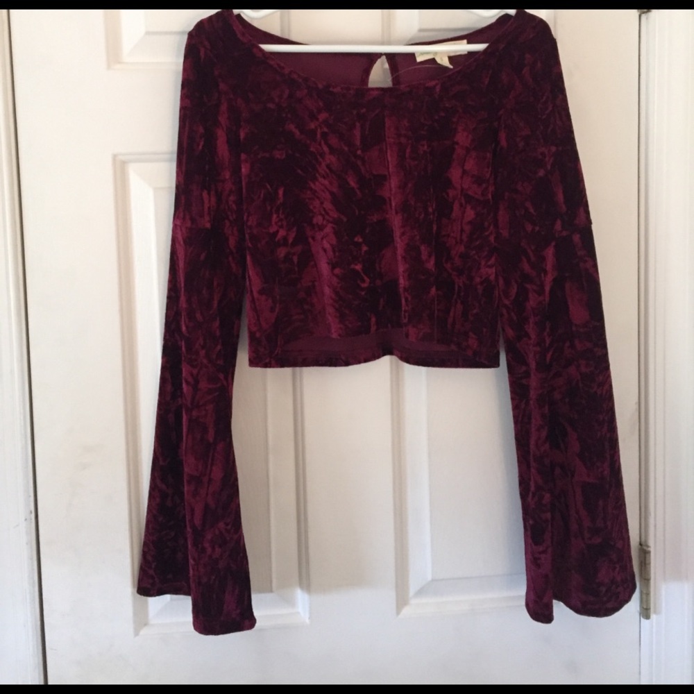 Crushed velvet crop top with bell sleeves.