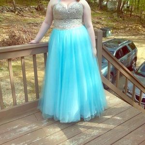 Jeweled light blue floor length prom dress