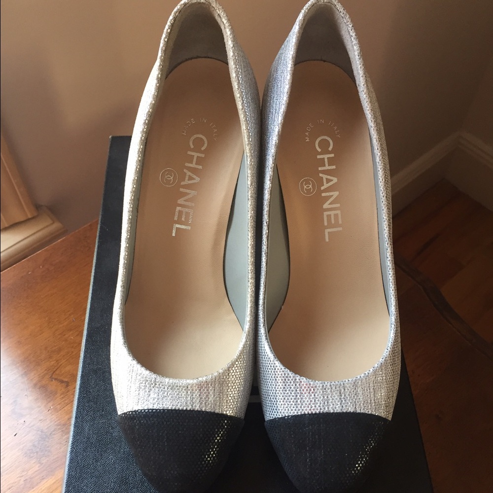 Chanel silver heels with black toe size 36
