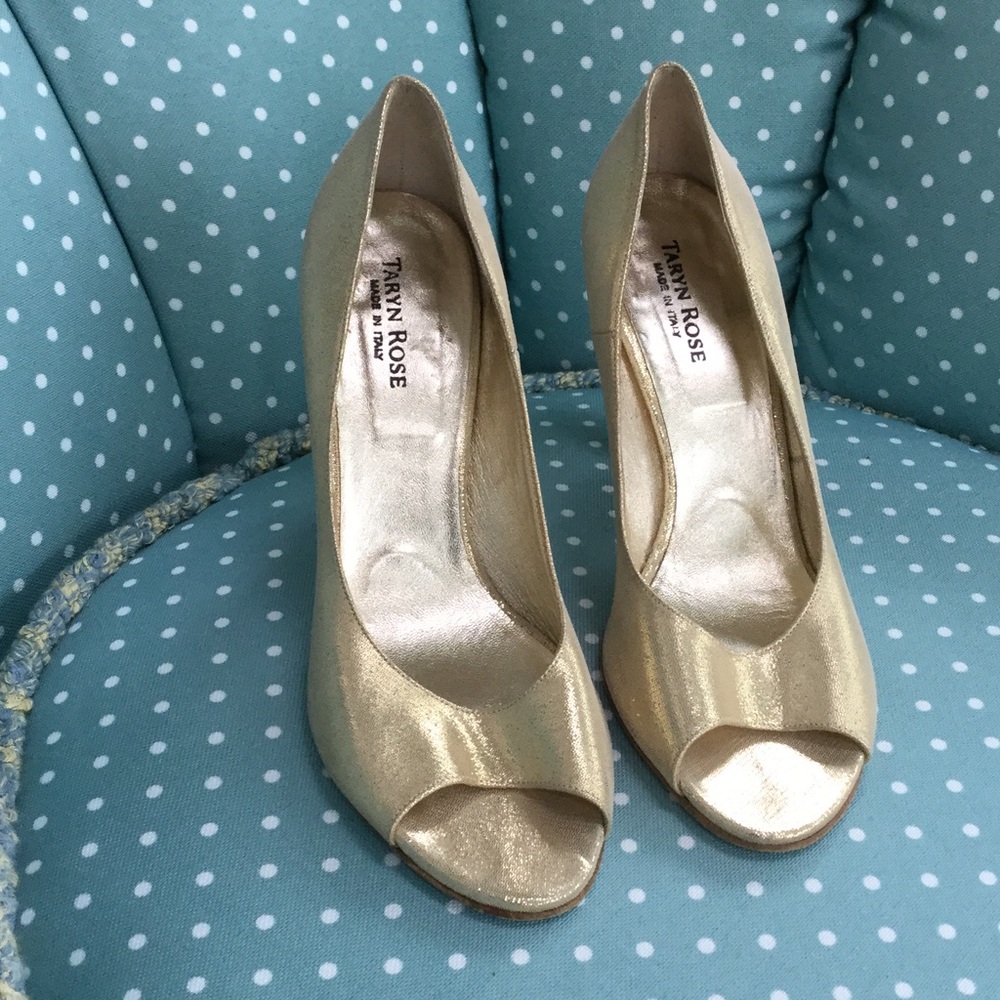 Taryn Rose Metallic Gold Open Toe Pumps