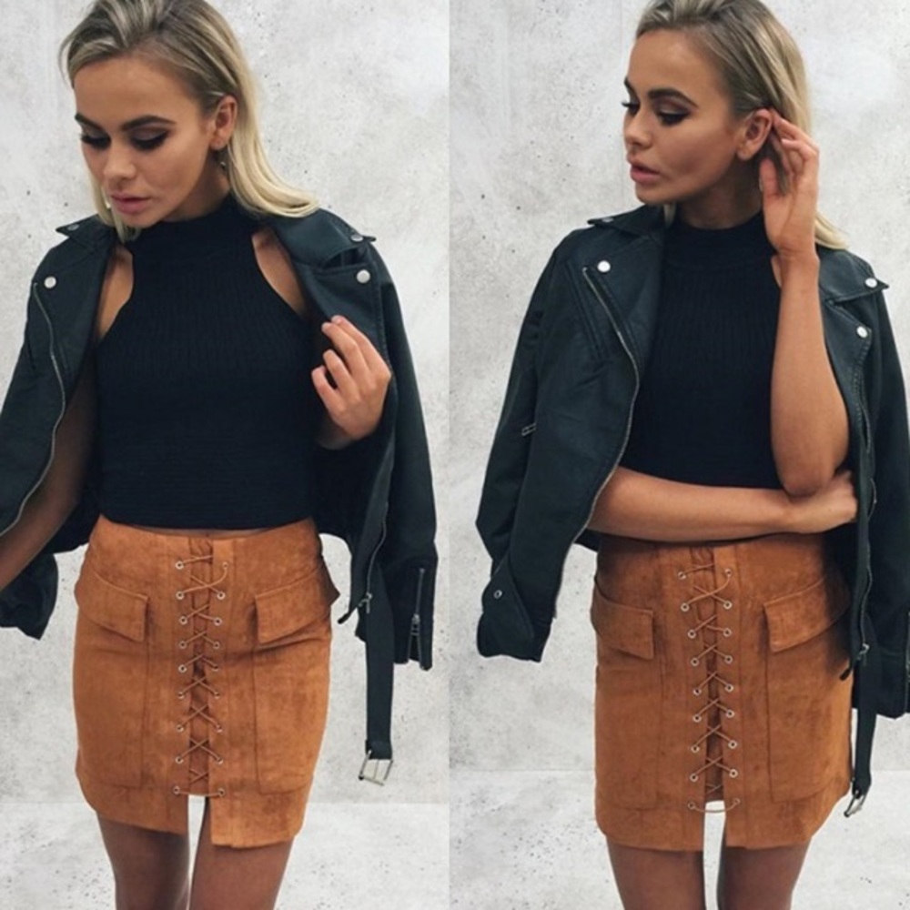 Lolita High Waist Brown Vegan Suede Lace Up Skirt - Picture 4 of 6