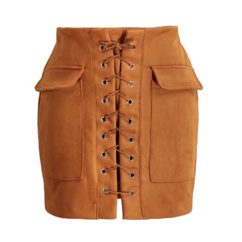 Lolita High Waist Brown Vegan Suede Lace Up Skirt - Picture 5 of 6