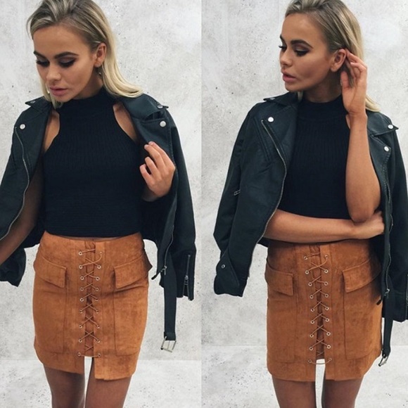 Lolita High Waist Brown Vegan Suede Lace Up Skirt - Picture 4 of 6