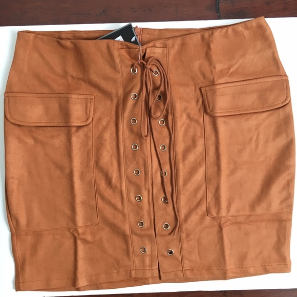 Lolita High Waist Brown Vegan Suede Lace Up Skirt - Picture 6 of 6
