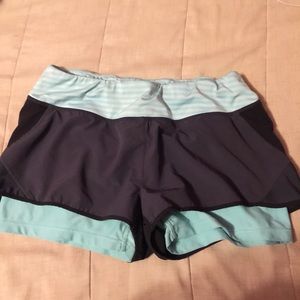 Dark blue with spandex under/running /working out