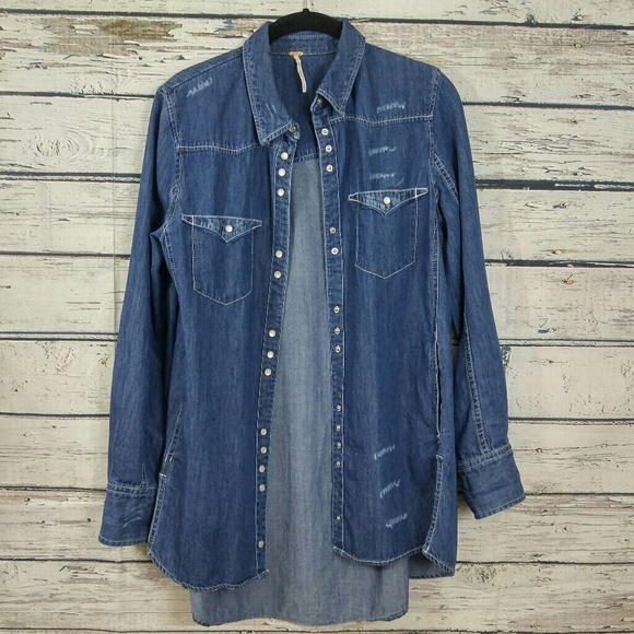 Free People Small Head West Buttondown Shirt Blue - Picture 2 of 4