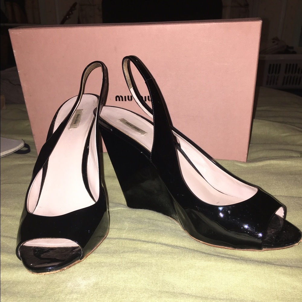 Miu Miu Black Patent Leather Open Toe Wedge