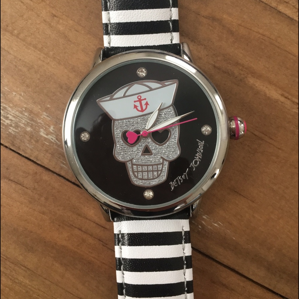 Betsey Johnson pirate skull striped watch