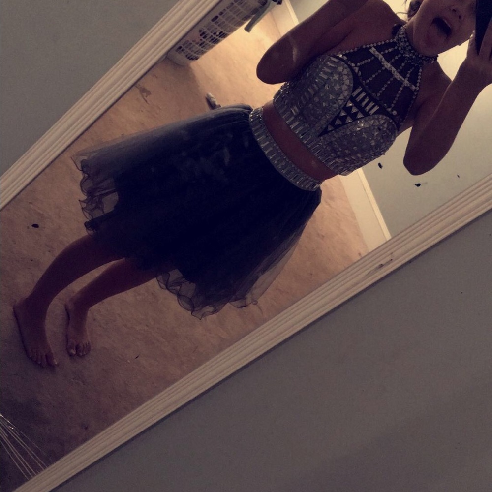 TWO PIECE SILVER DIAMOND DRESS HOCO