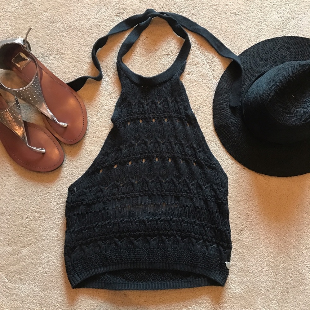 Black Mesh Knit Halter Crop Top