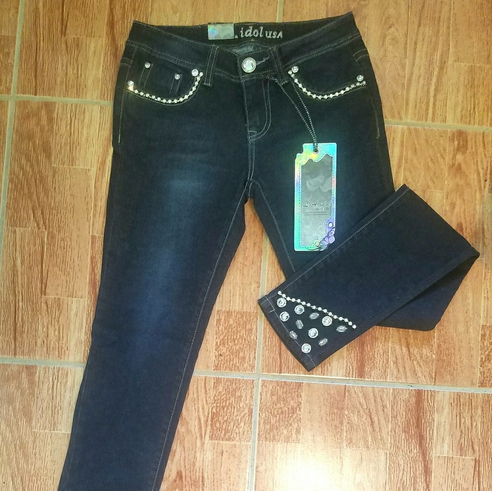 LA Idol Rhinestone Stud Dark Blue Skinny Jeans