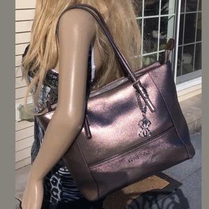 GUESS PINK PEWTER METALLIC CLASSIC CHROME TOTE