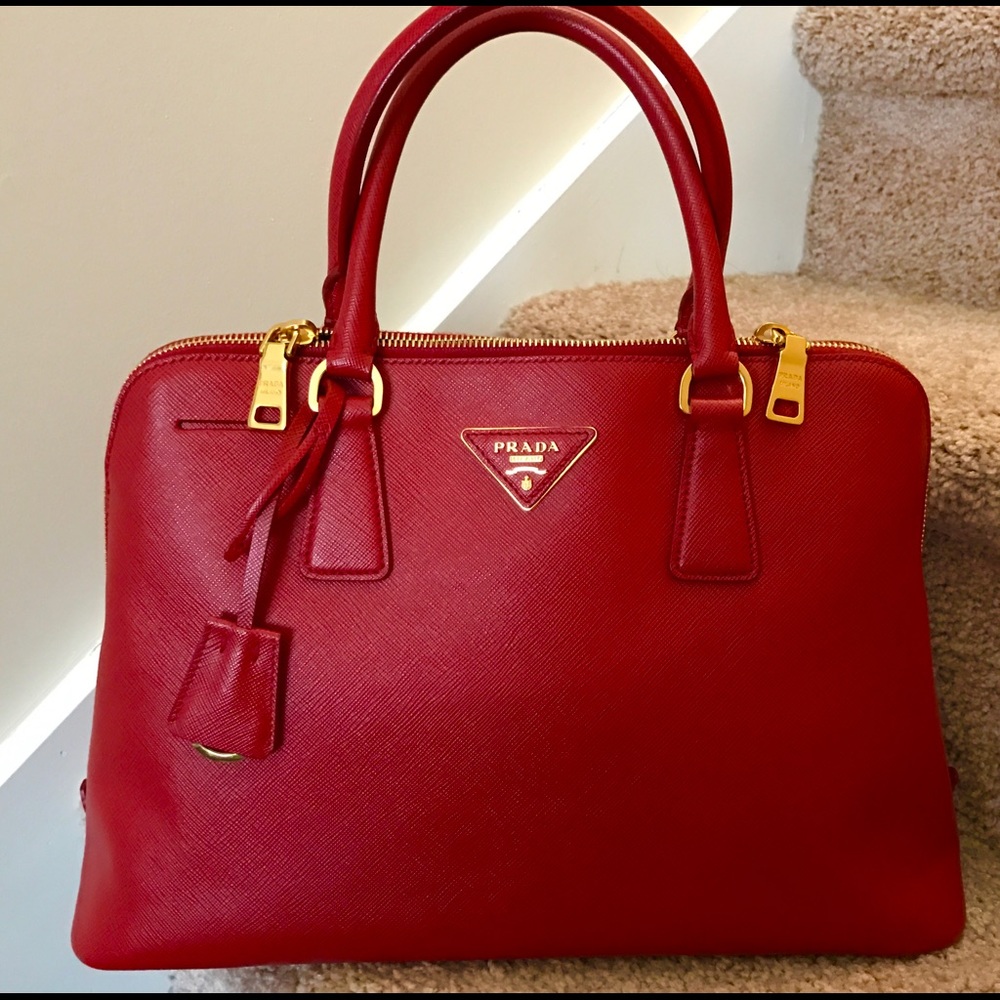 Genuine Prada Saffiano Lux Double-Zip Tote Bag,Red