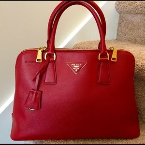 Genuine Prada Saffiano Lux Double-Zip Tote Bag,Red