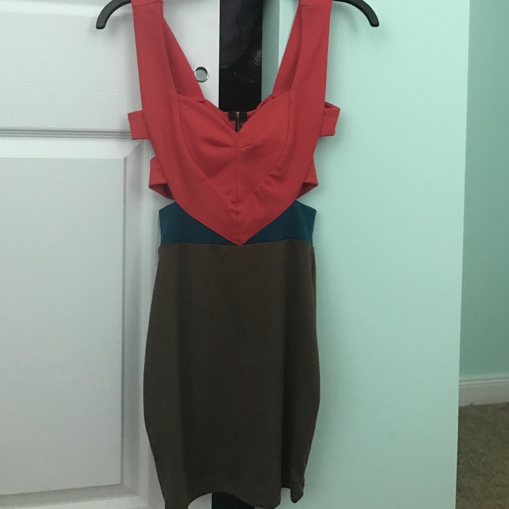 Sexy boutique dress. Brown, salmon and turquoise.
