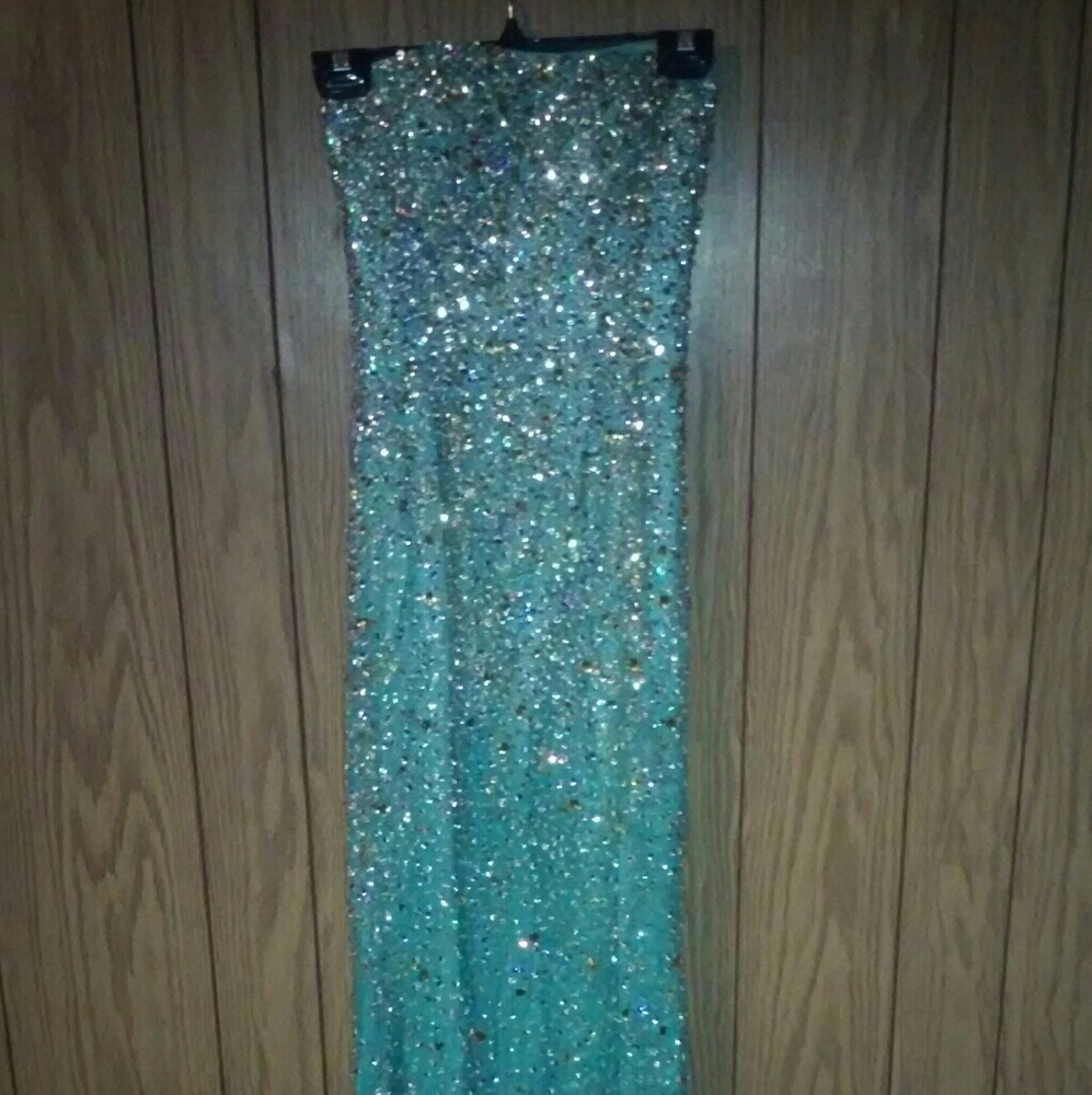 Long strapless baby blue with sequences all over