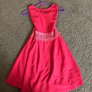 Peach sundress with modest lace middle cutout.