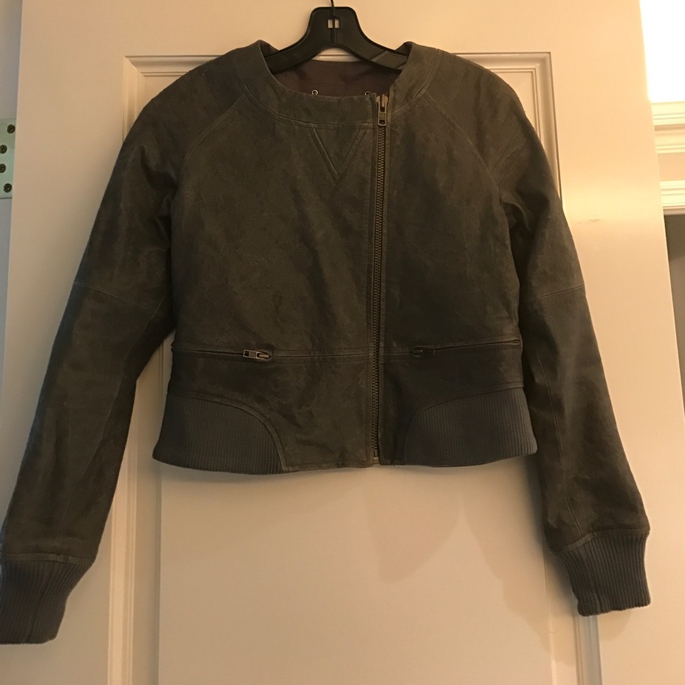 Distressed grey leather bomber