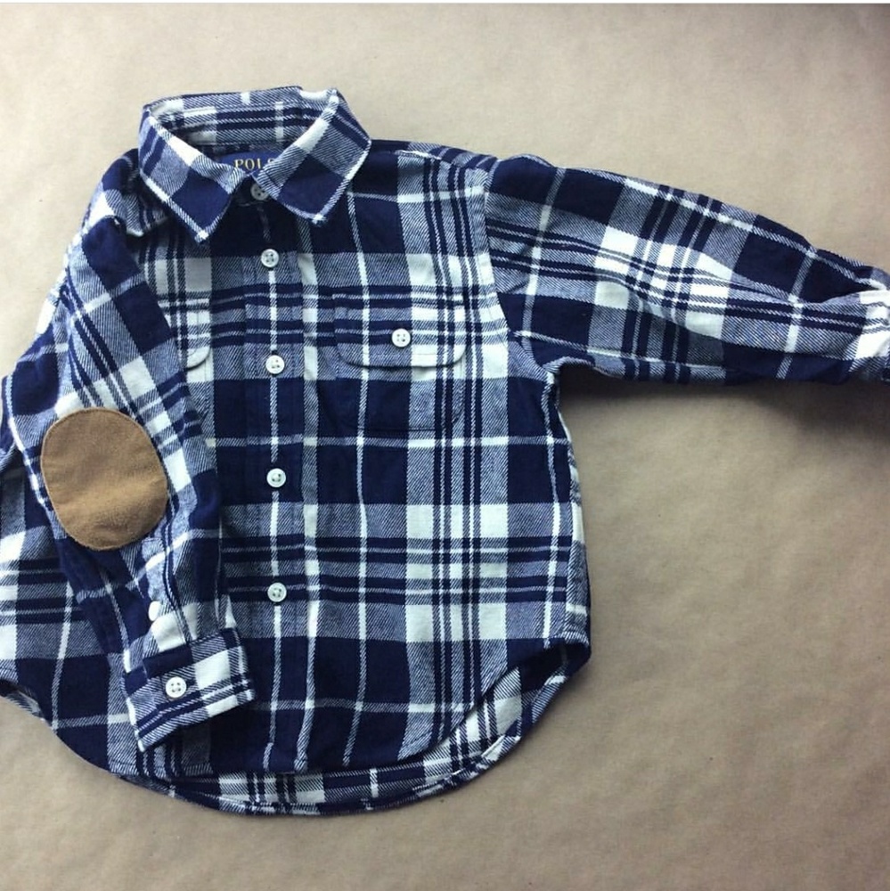 Polo plaid button up with brown patches on sleeves