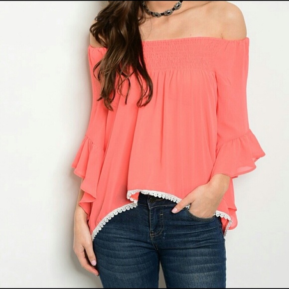 Coral off the shoulder Top 1s/m 2M/L bell sleeves - Picture 2 of 7