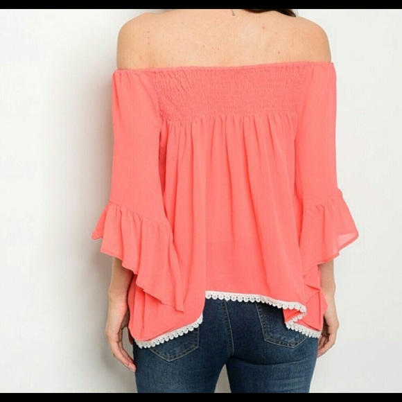 Coral off the shoulder Top 1s/m 2M/L bell sleeves - Picture 3 of 7