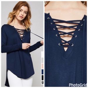 Navy Lace Up Long Sleeve Henley (S,L)--Final Sale