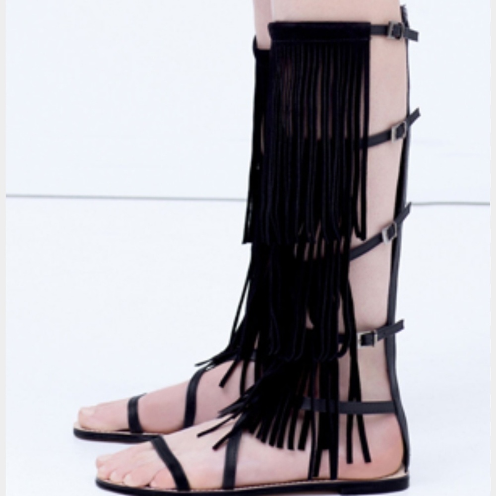 Zara Black Tall Fringe Gladiator Sandals