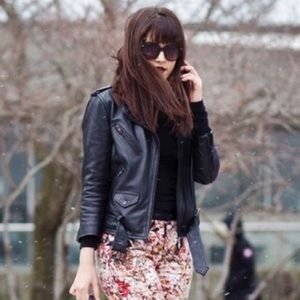 3/4 sleeve genuine leather moto jacket