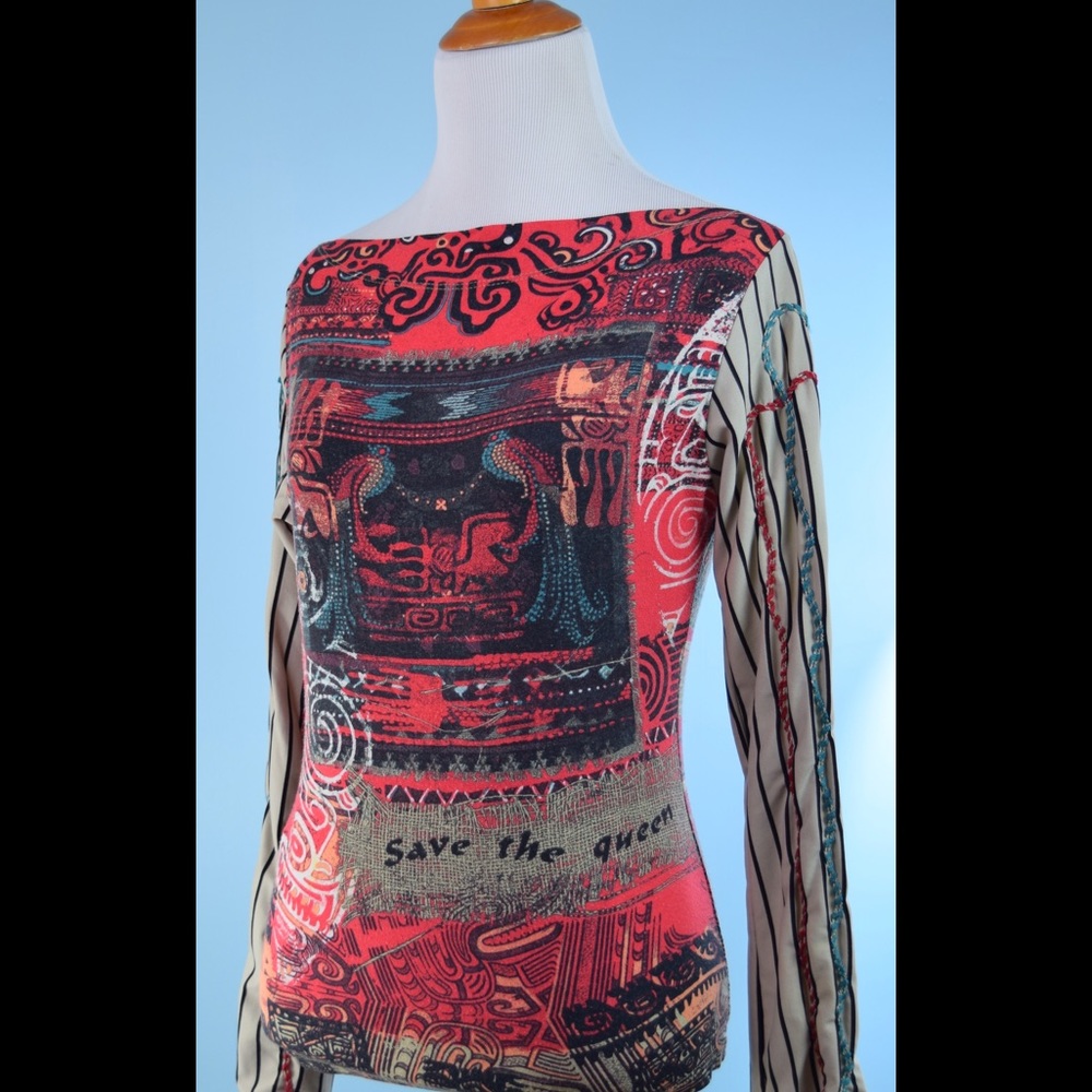 SAVE THE QUEEN red blue embroidery stitched top L