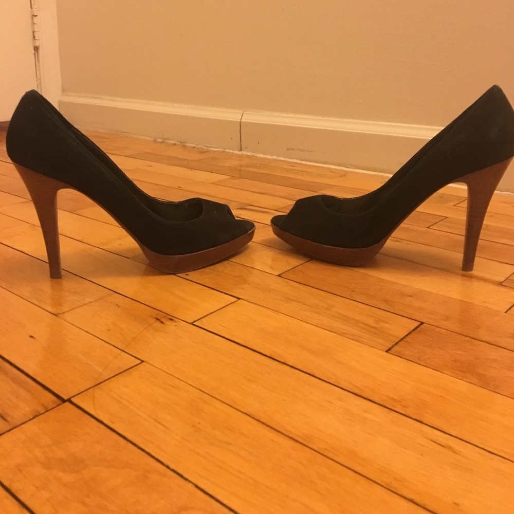 Black suede Steve Madden high heels with peep toe