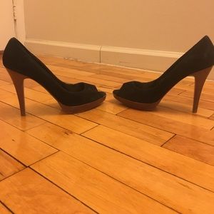 Black suede Steve Madden high heels with peep toe