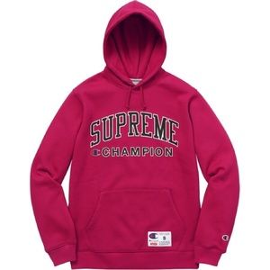 New authentic SUPREME X CHAMPION MAGENTA HOODIE.