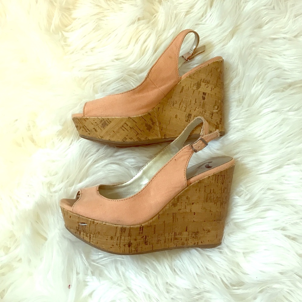 Peach peep toe wedges