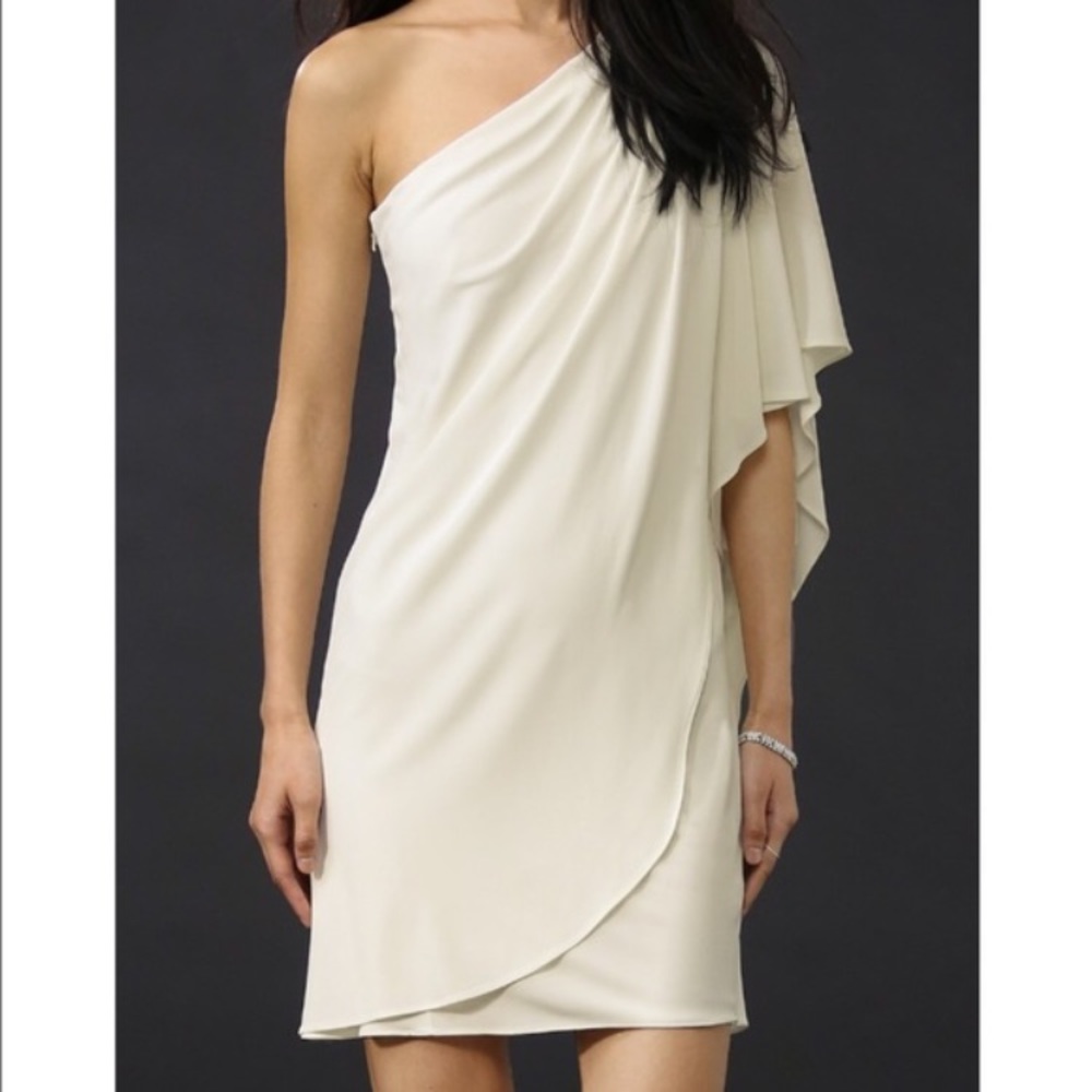 BADGLEY MISCHKA ivory white one-shoulder dress.