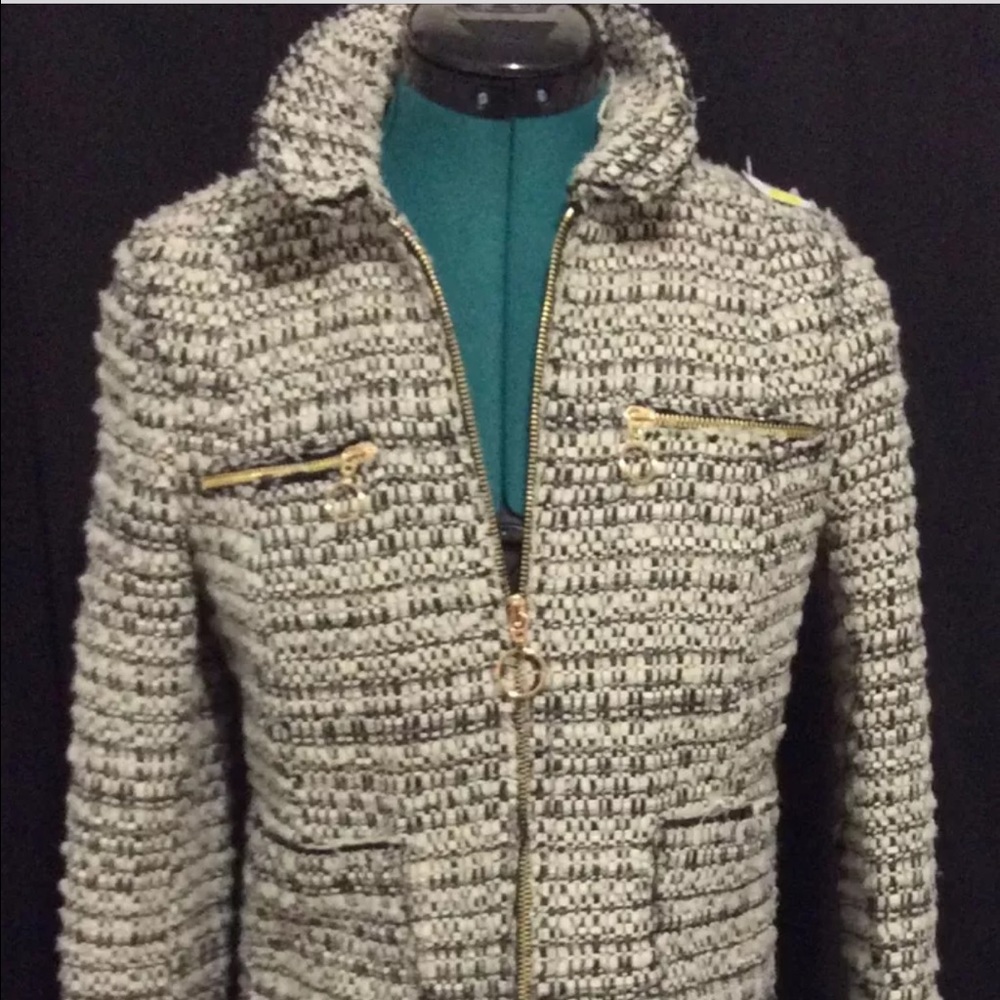 Zara Black & White Tweed Blazer Jacket