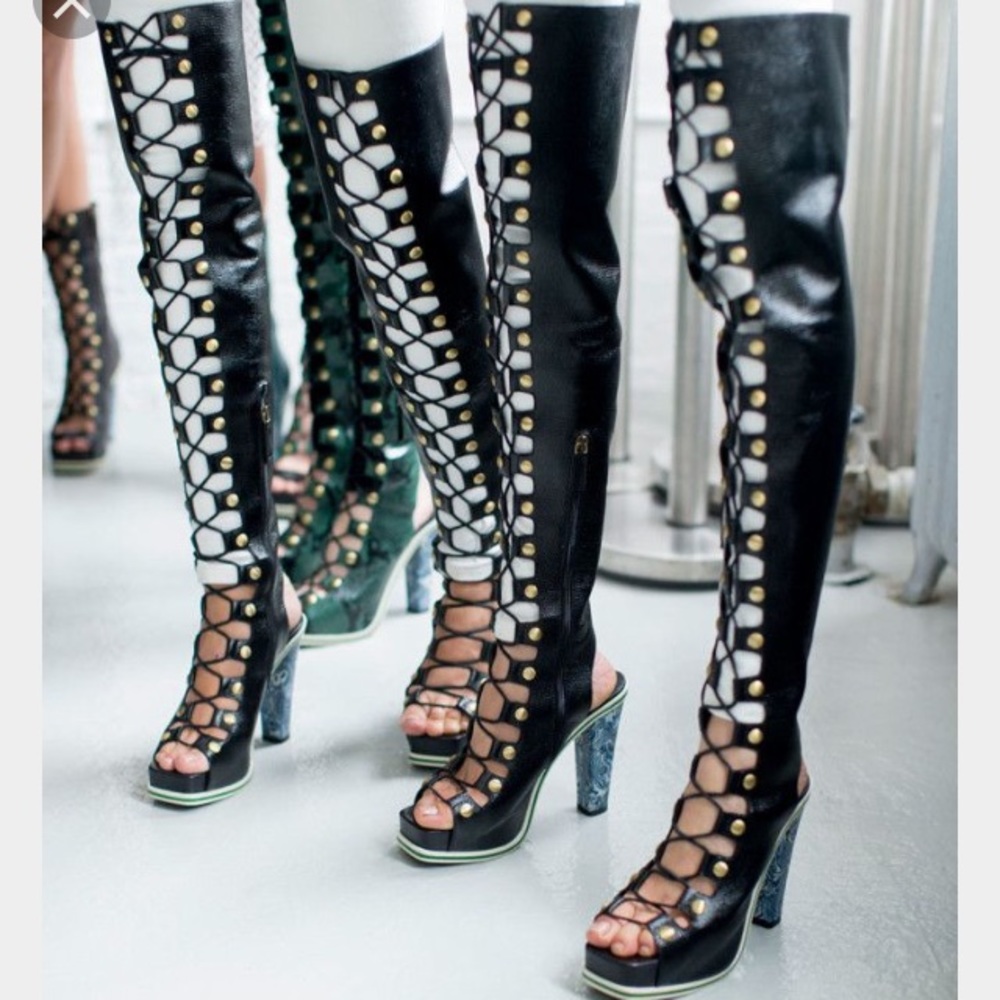 Rodarte - Black Embossed thigh high  lace up