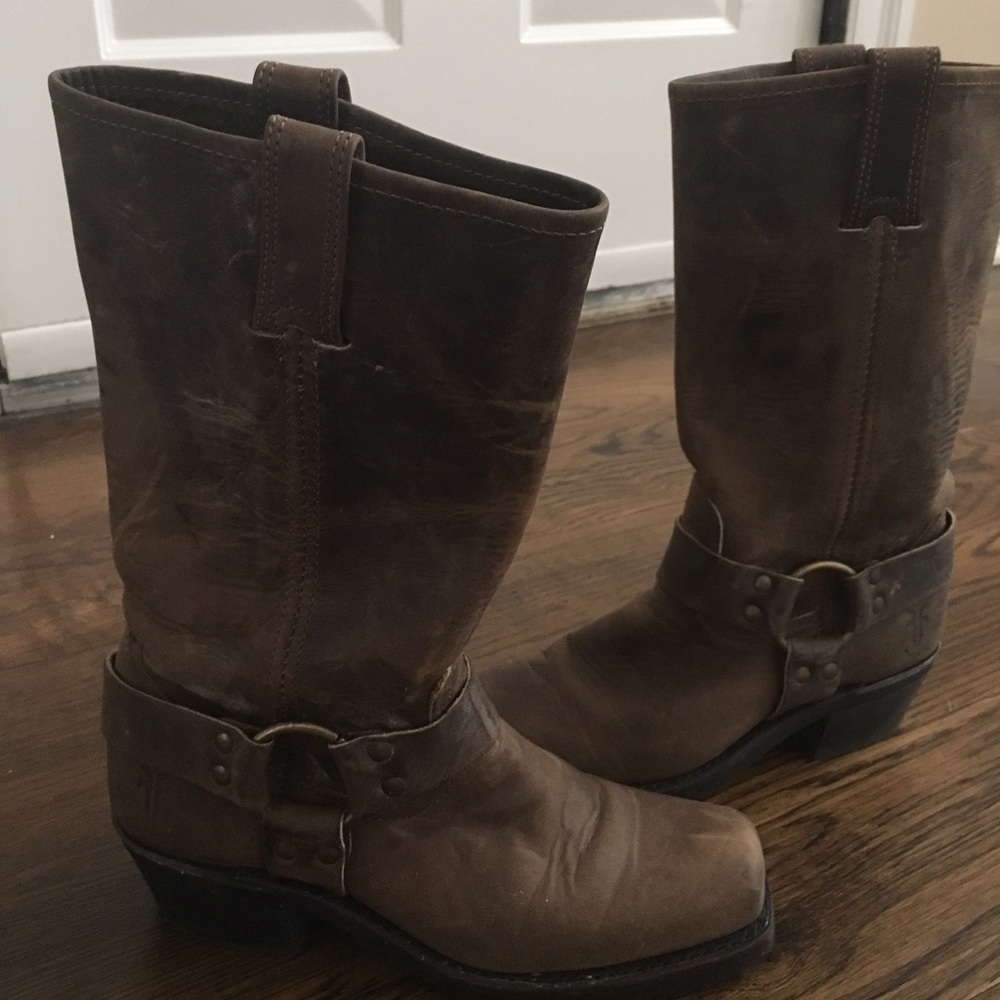 Frye Moto Harness leather brown boots