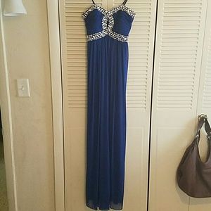 Blue strapless jeweled keyhole long prom dress