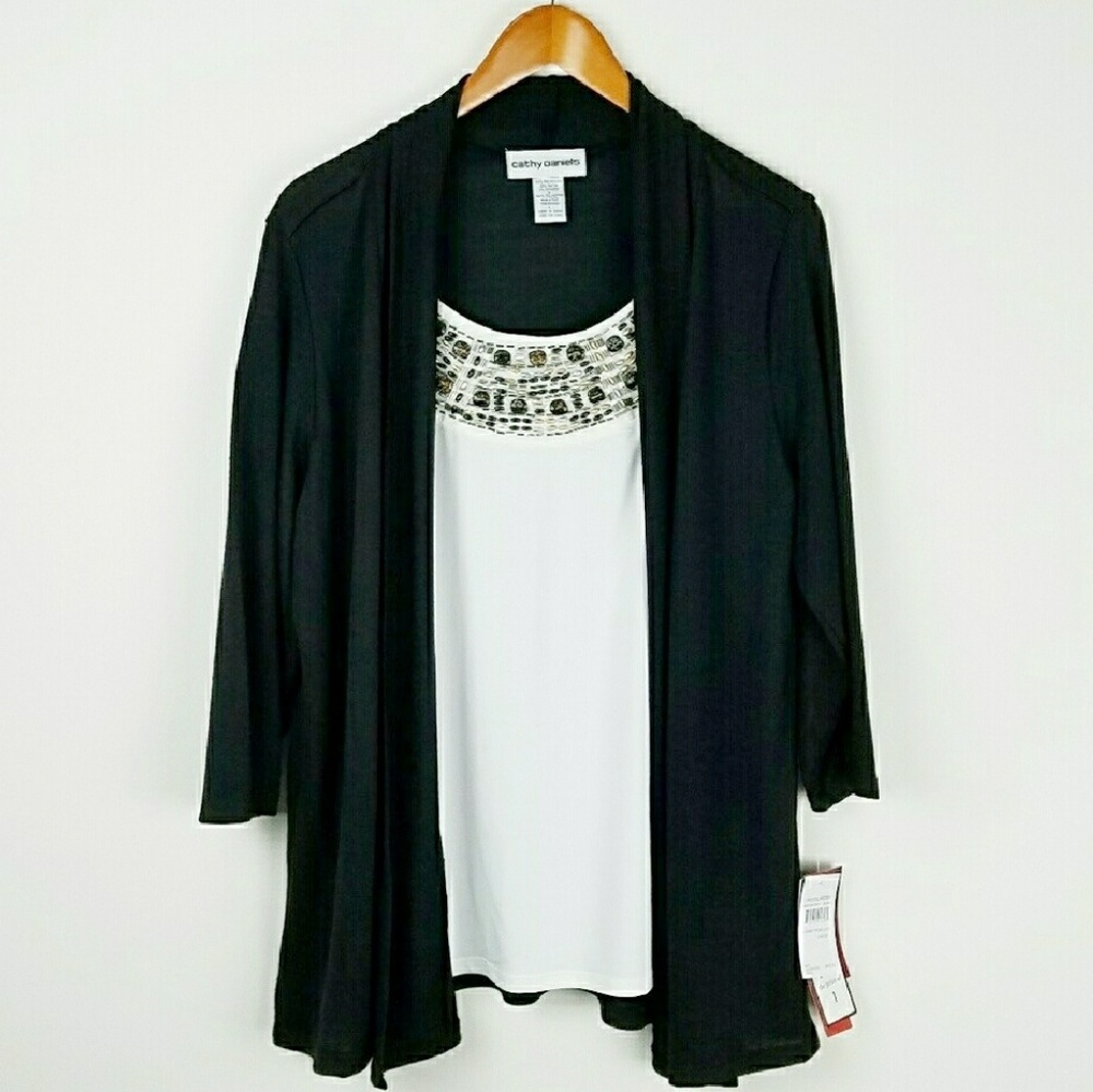 CATHY DANIELS Black White Beaded "Sweater Set" Top
