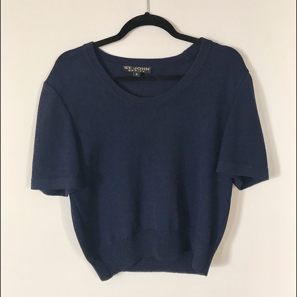 St John navy blue cropped short sleeve sweater
