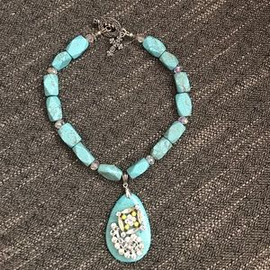 Chunky turquoise crystal vintage brooch necklace!
