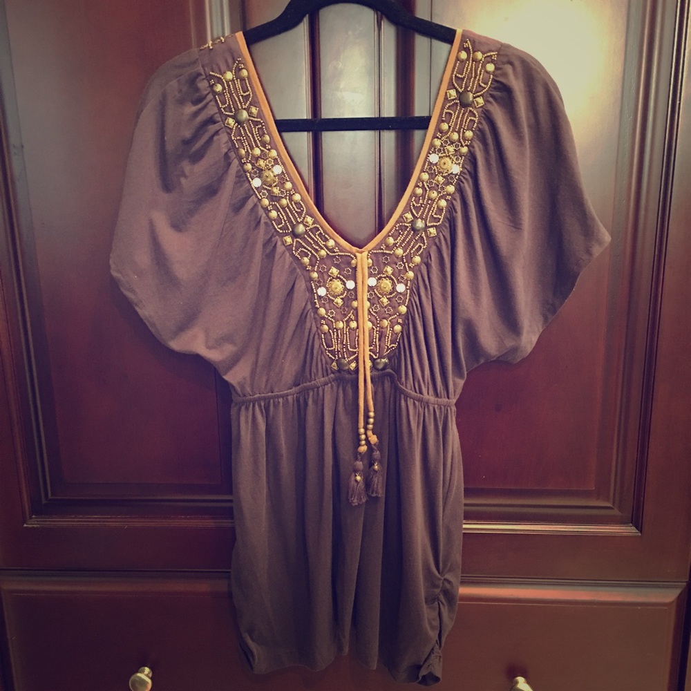 Anthropologie double v-beck beaded tunic-style top