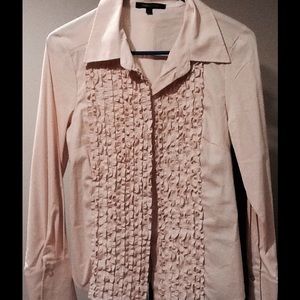 RUFFLED, LONG SLEEVE, BUTTON DOWN SHIRT.