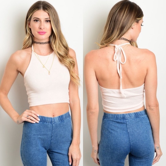 ๐CLEARANCE๐Pink Halter Ribbed High Neck Crop Top - Picture 3 of 5