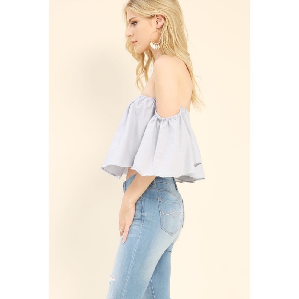 🎉CLEARANCE🎉 Blue & White Off-Shoulder Ruffle Top - Picture 5 of 7