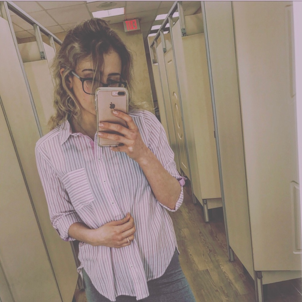 Pink and white striped button down blouse