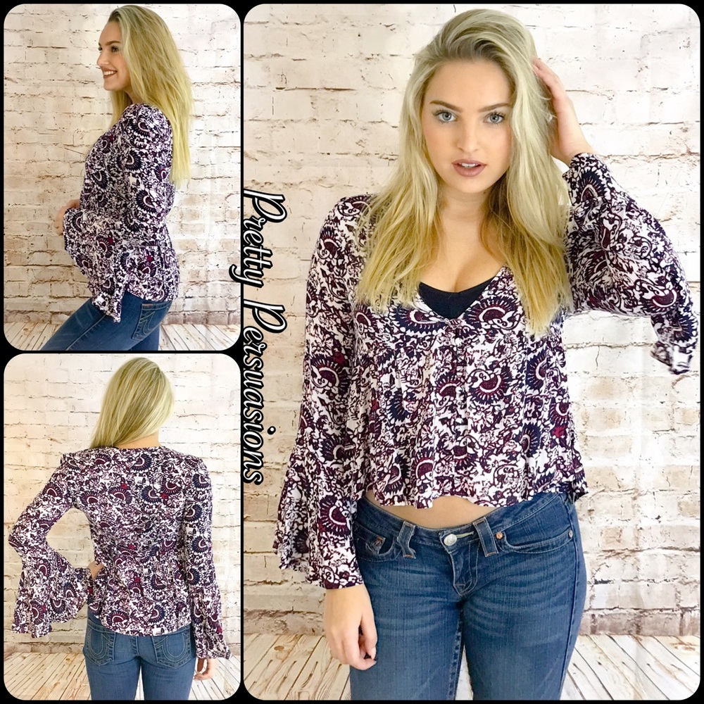 NWT Printed Bell Sleeve Boho Top - Picture 1 of 7