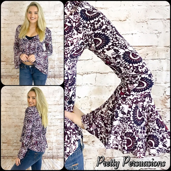 NWT Printed Bell Sleeve Boho Top - Picture 7 of 7