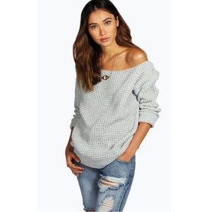 Gray Waffle Knit, Slash Neck, Slouchy Sweater